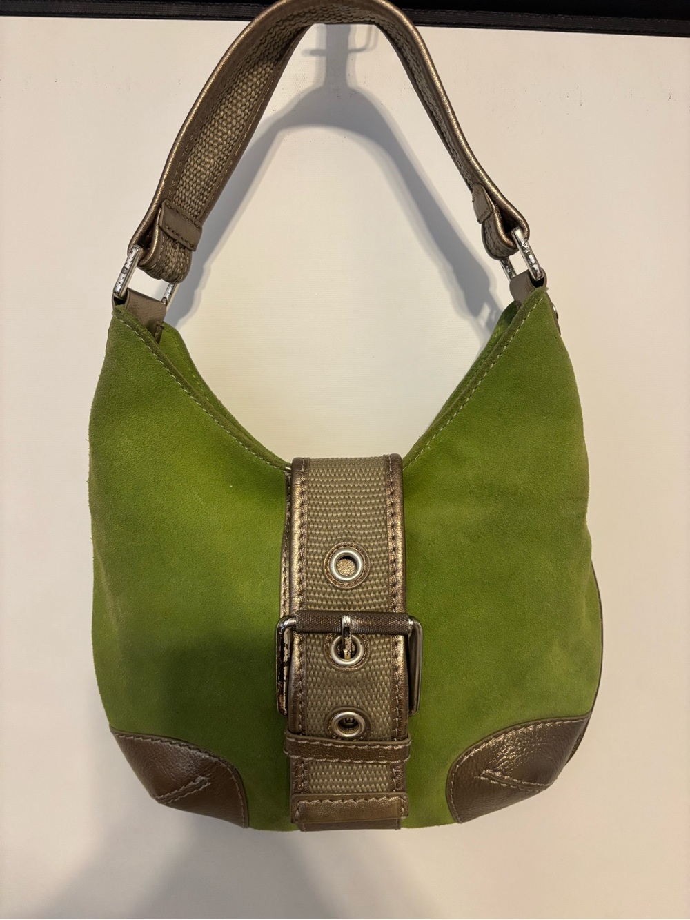 Michael Kors Green Suede Shoulder Bag with gold leather trim